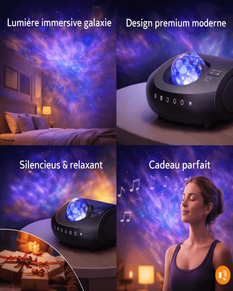 Product collage showcasing a galaxy projector with text highlighting features like 'Immersive galaxy light', 'Modern design', 'Silent and relaxing', and 'Perfect gift'.