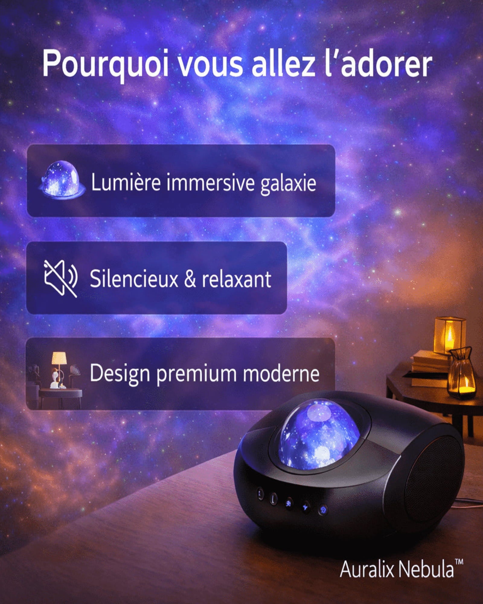 Auralix Nebula night light with galaxy projection on a table against a starry sky background.